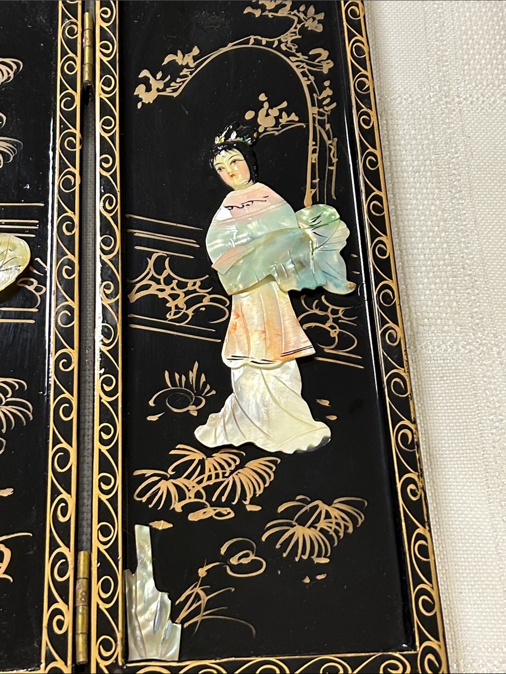 Miniature Chinese black lacquer four panel table top folding screen image 5